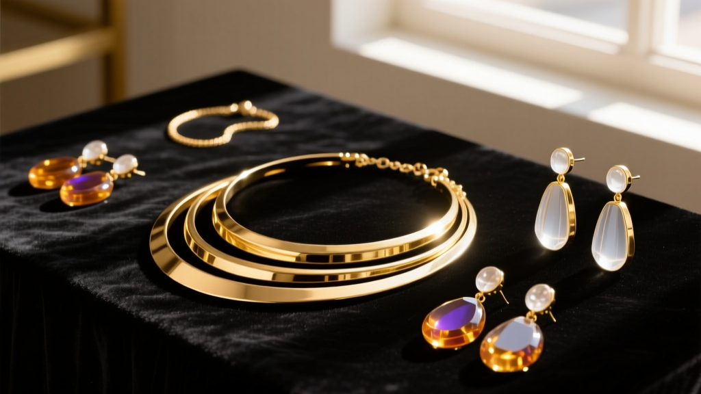 Boutique display of layered gold-plated brass necklaces and resin earrings illuminated by warm retail spotlighting.