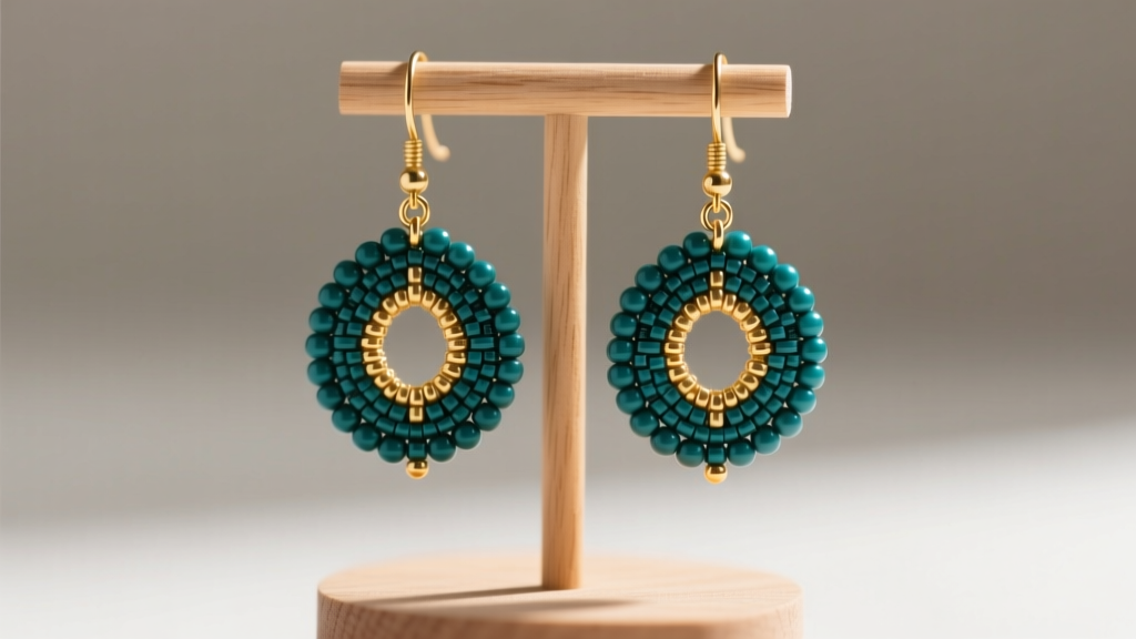 Teal and gold seed beaded dangle earrings on a wooden stand, showcasing crisp brick stitch tension and secure jump ring attachments