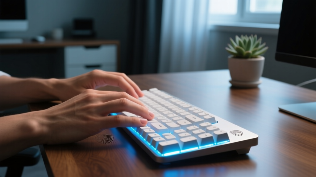 Close-up of a professional's hands resting on a haptic feedback ergonomic keyboard with soft ambient LED underglow in a dimly lit home office