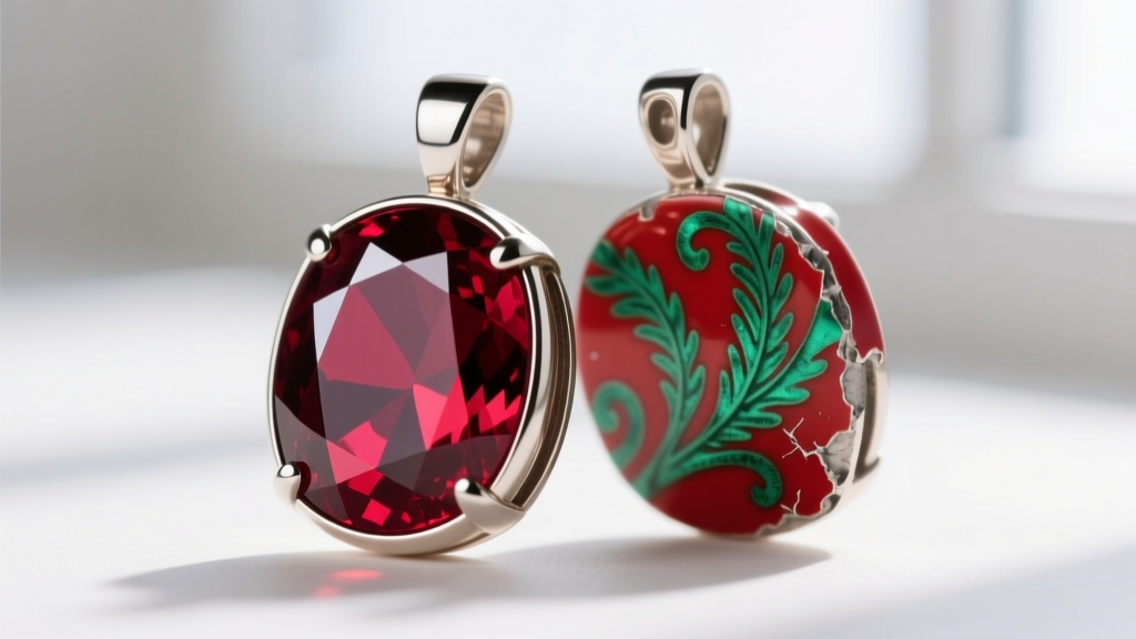 Macro shot of a zinc alloy Adagio Dazzle ruby pendant showing green oxidation on the backplate and chipped red epoxy enamel.