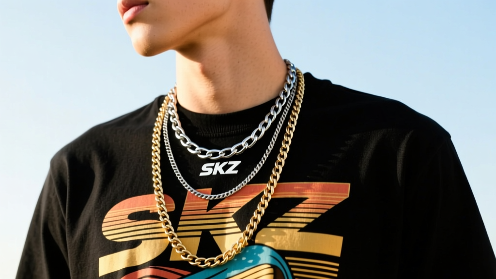 Layered SKZ logo Cuban chain and plain cable chain necklaces on a model wearing a vintage graphic tee in bright natural daylight.