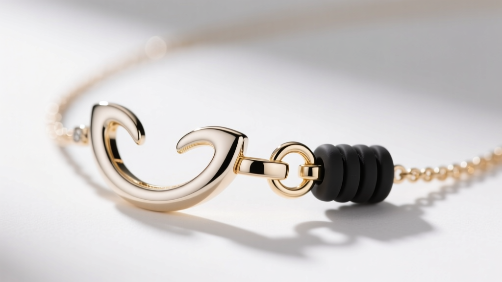 Macro view of a white gold smile necklace chain, showing a lobster clasp and an adjustable silicone-lined slider bead mechanism.