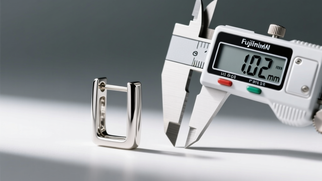 Macro shot of an 18-gauge sterling silver rectangle earring post beside a digital caliper showing exact millimeter thickness.