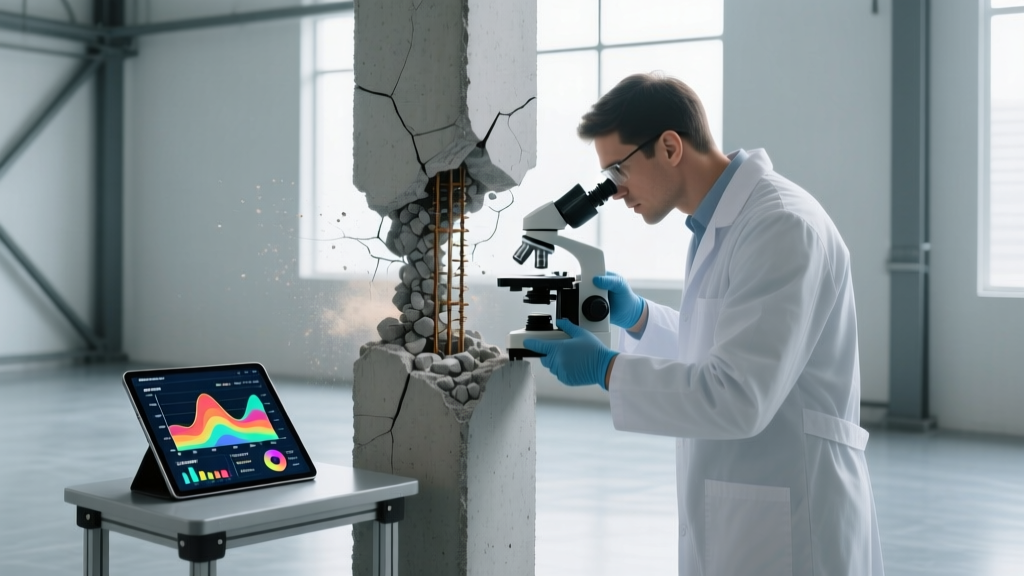 Forensic engineer examining a cracked concrete column with a microscope while reviewing structural load diagrams on a tablet