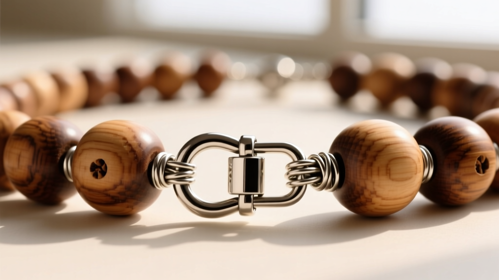 Close-up of a 14mm stainless steel lobster clasp attached to a thick wooden bead necklace using wrapped wire and French bullion.