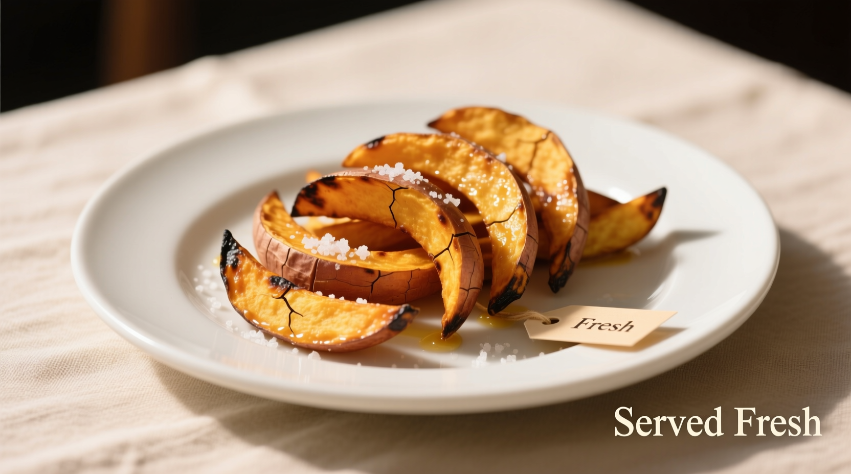 Golden crispy sweet potato fries on white plate