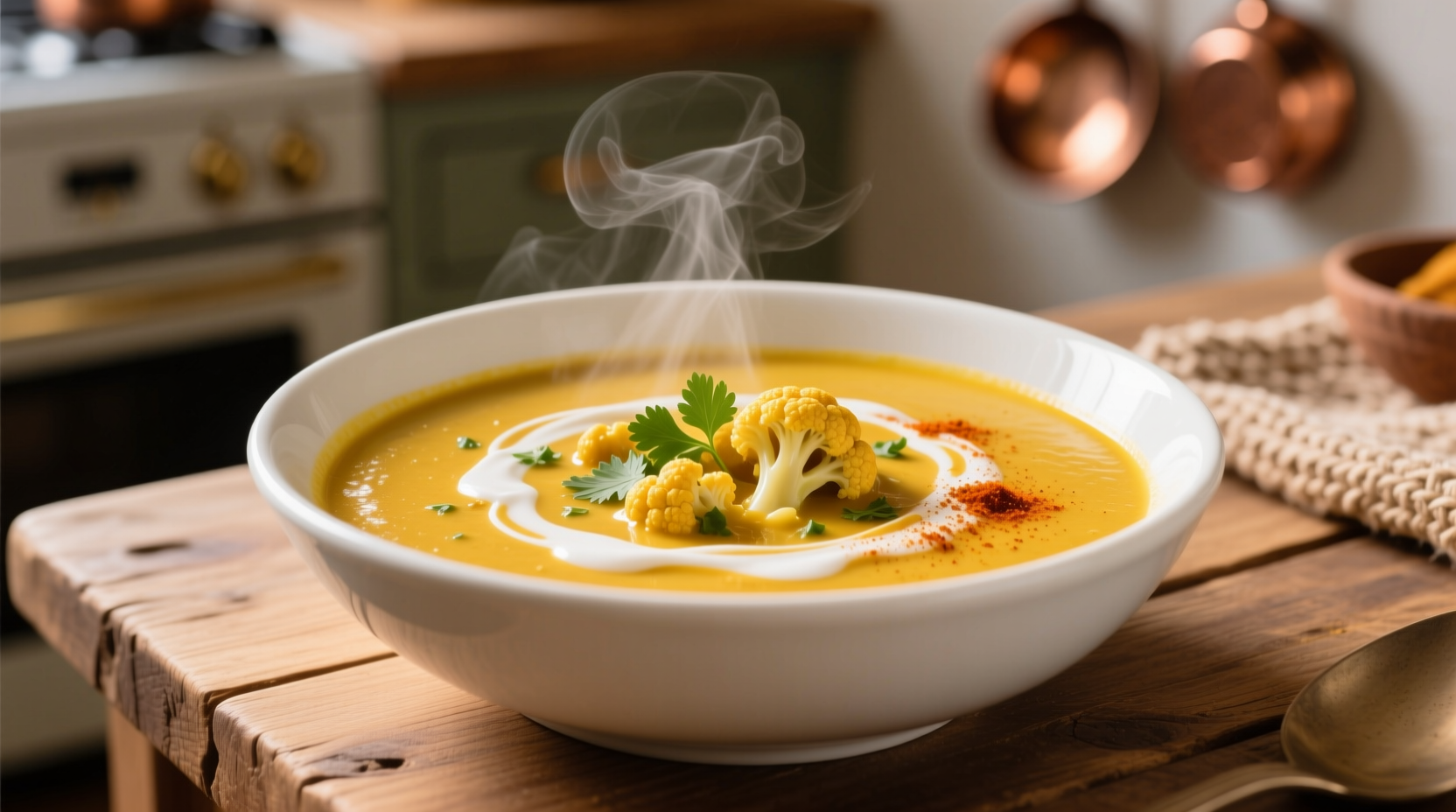 Creamy golden curry cauliflower soup in white bowl