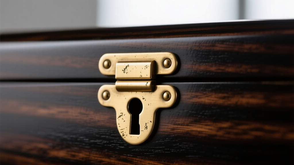 Close-up of brushed cast brass hinges and a keyhole on a Macassar ebony wood jewelry box, highlighting the living patina