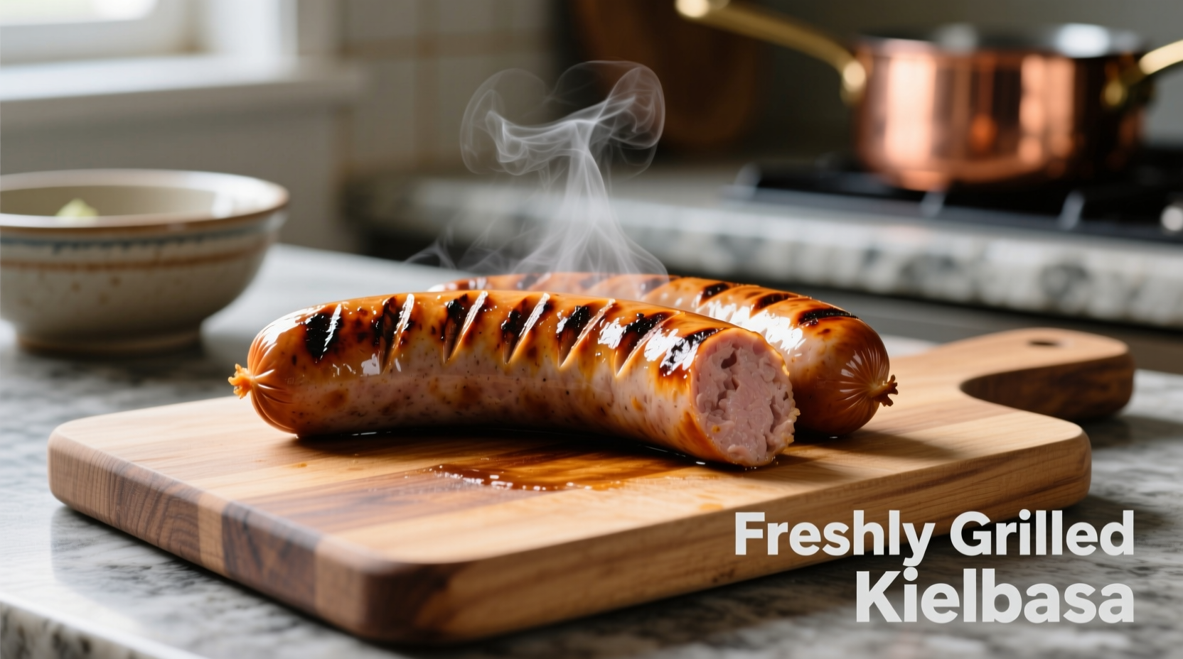 Perfectly cooked fresh kielbasa on cutting board