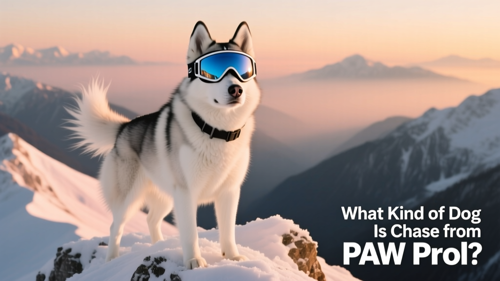 Everest the Siberian Husky wearing snow goggles and standing proudly on a snowy mountain peak