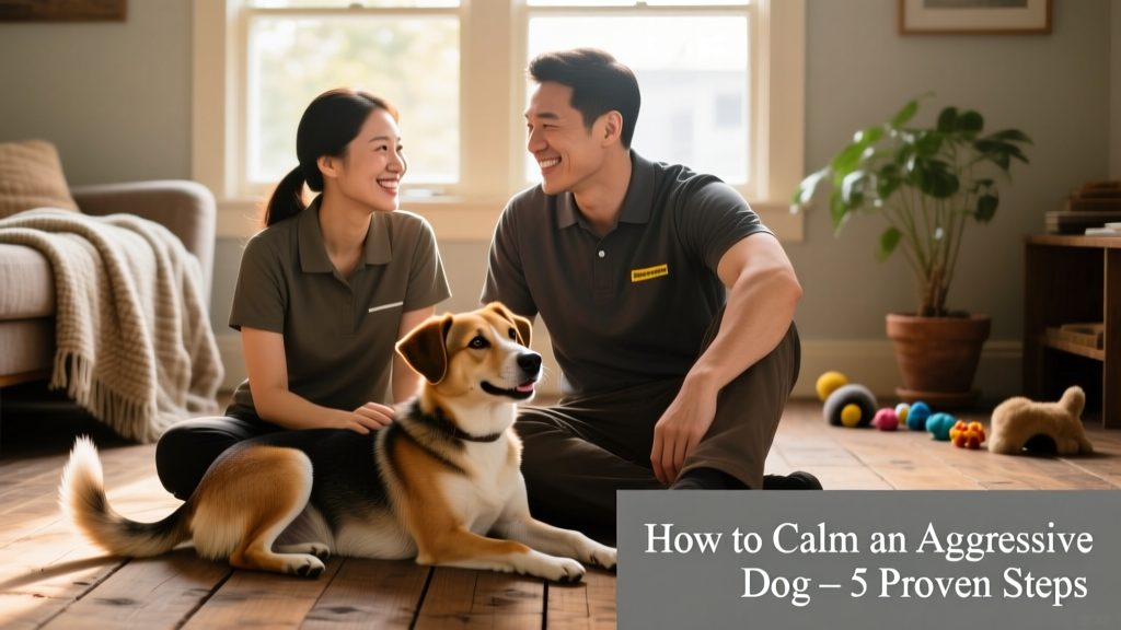 A trainer and owner sitting side-by-side on the floor with a relaxed dog between them, all three making gentle eye contact and smiling