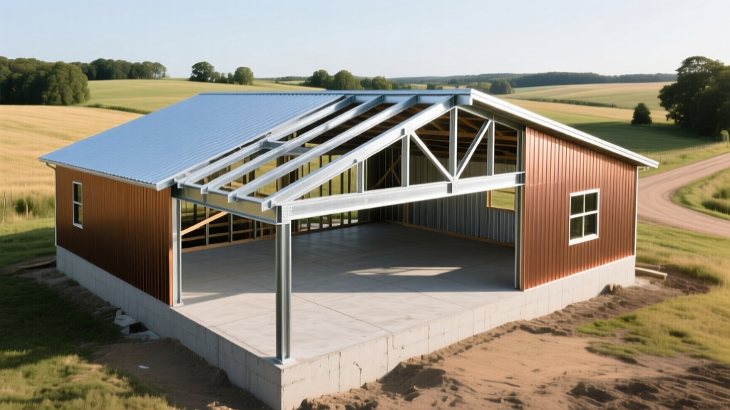 Partially completed barndominium post-frame shell with exposed steel trusses, metal siding, and concrete slab in a rural setting