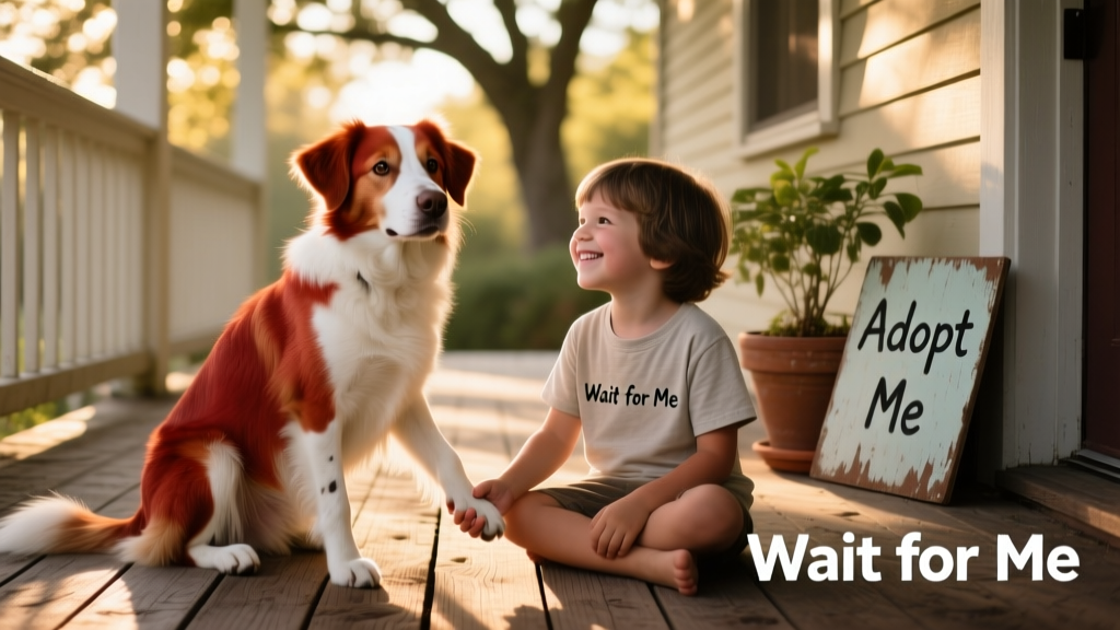 A calm, gentle red-and-white mixed-breed dog sitting beside a smiling child on a sunlit porch