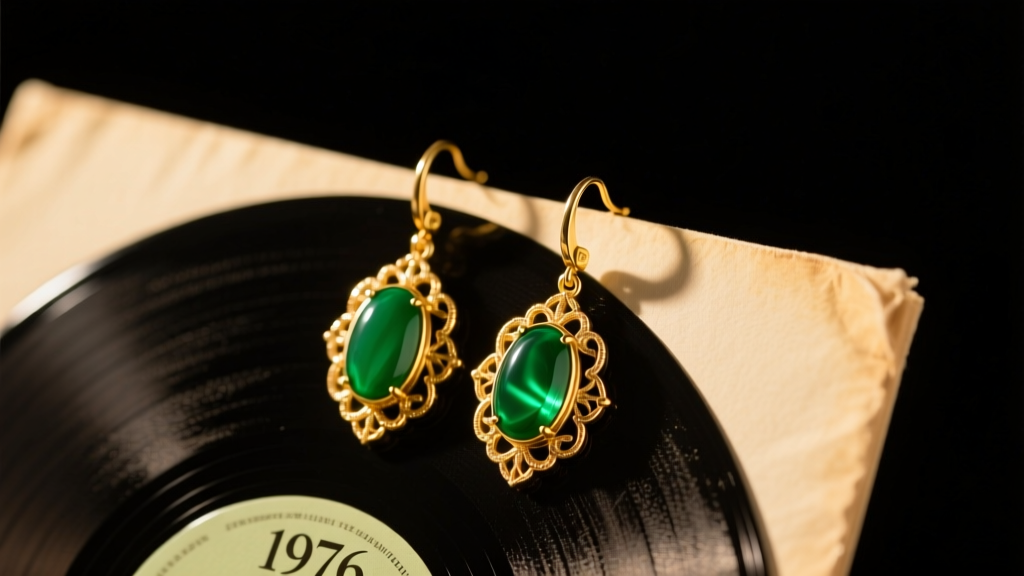 1970s 14k gold drop earrings with green onyx cabochons on a vintage 1976 vinyl record sleeve, lit by warm directional studio lighting