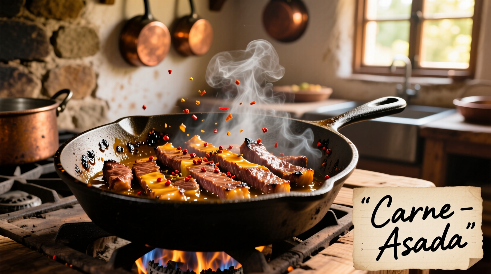 Sizzling carne asada in cast-iron skillet on stove
