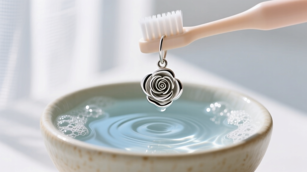 Soft baby toothbrush cleaning crevices of a silver rose drop earring in a small ceramic bowl of sudsy distilled water.