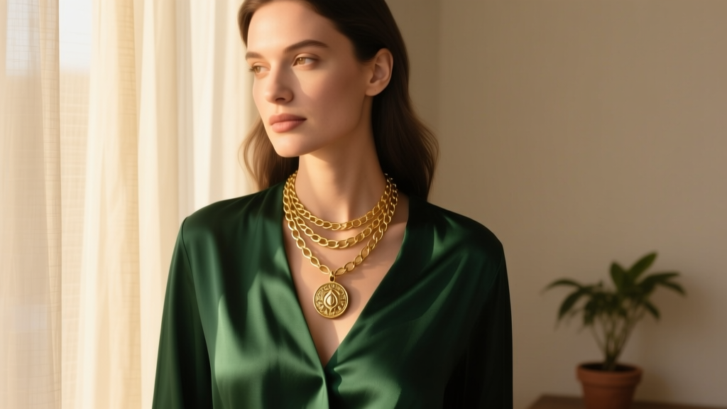 Woman wearing a layered gold Ocarina pendant and rolo chain stack, paired with a dark green silk blouse in soft natural light.
