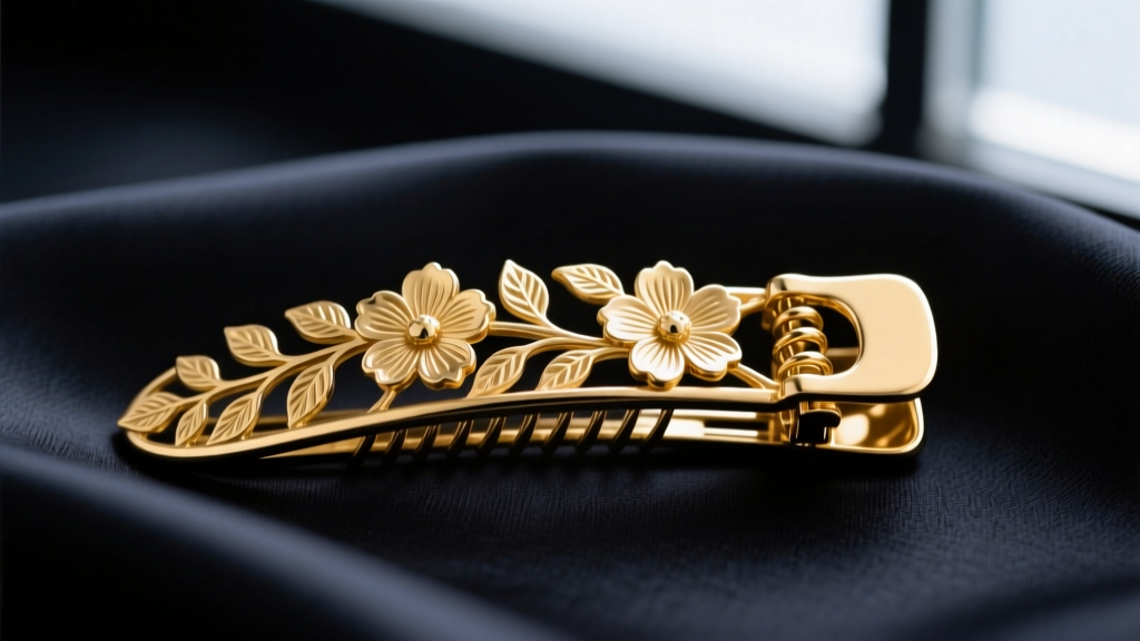 Close-up of a 14k solid gold French barrette on dark silk, highlighting floral engraving and a sturdy spring clasp mechanism.