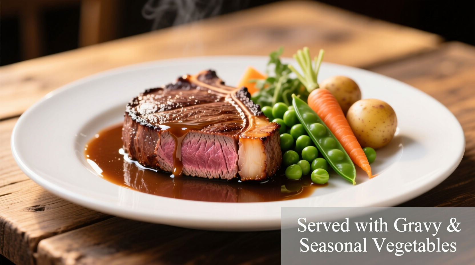 Perfectly sliced round steak with gravy and vegetables