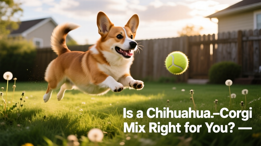 A Chigi mid-play, leaping toward a tennis ball in a grassy yard