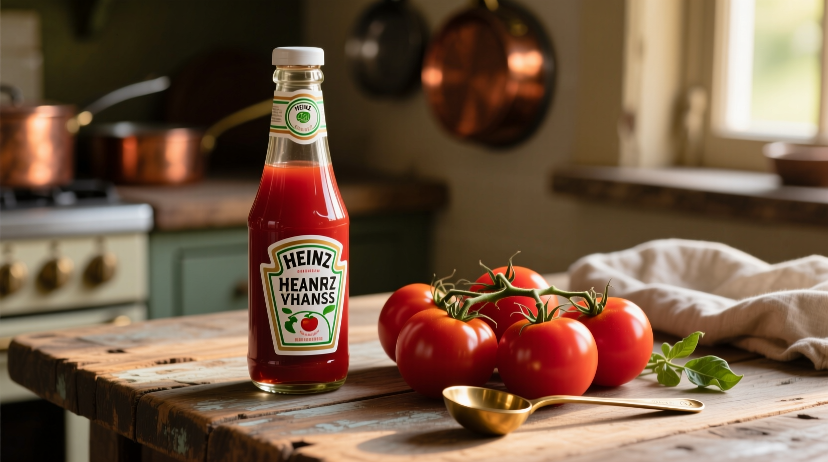 Heinz ketchup bottle next to fresh tomatoes and measuring spoon