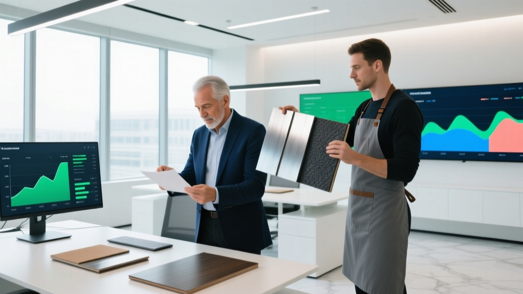 Manager reviewing digital cost spreadsheets and physical cladding samples with a building materials consultant in an office