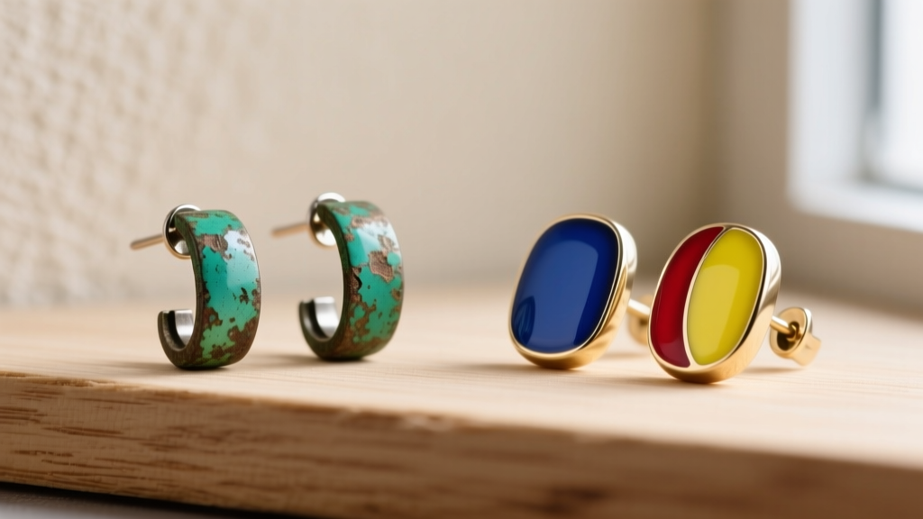 Side-by-side view of a cheap zinc anime earring with green oxidation next to a pristine kiln-fired enamel steel version on wood.