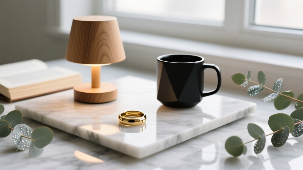 Elegant marble flat lay featuring a gold smart ring, wooden book lamp, and matte black smart mug surrounded by eucalyptus sprigs
