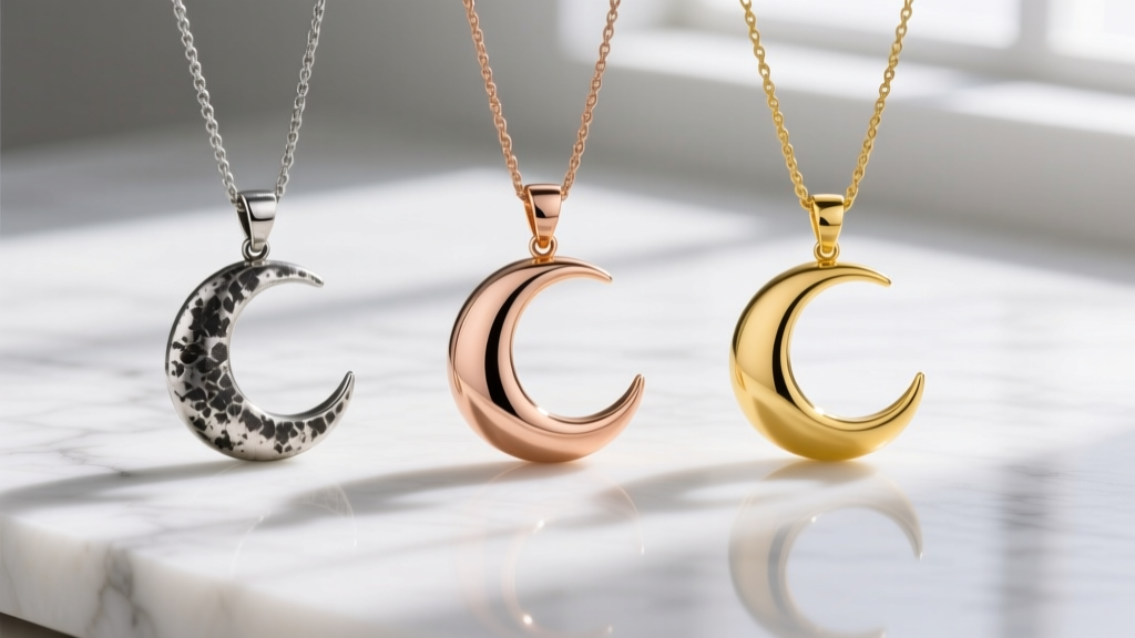 Three luna pendants side by side: oxidized sterling silver, polished 14k rose gold, and 18k yellow gold vermeil on white marble