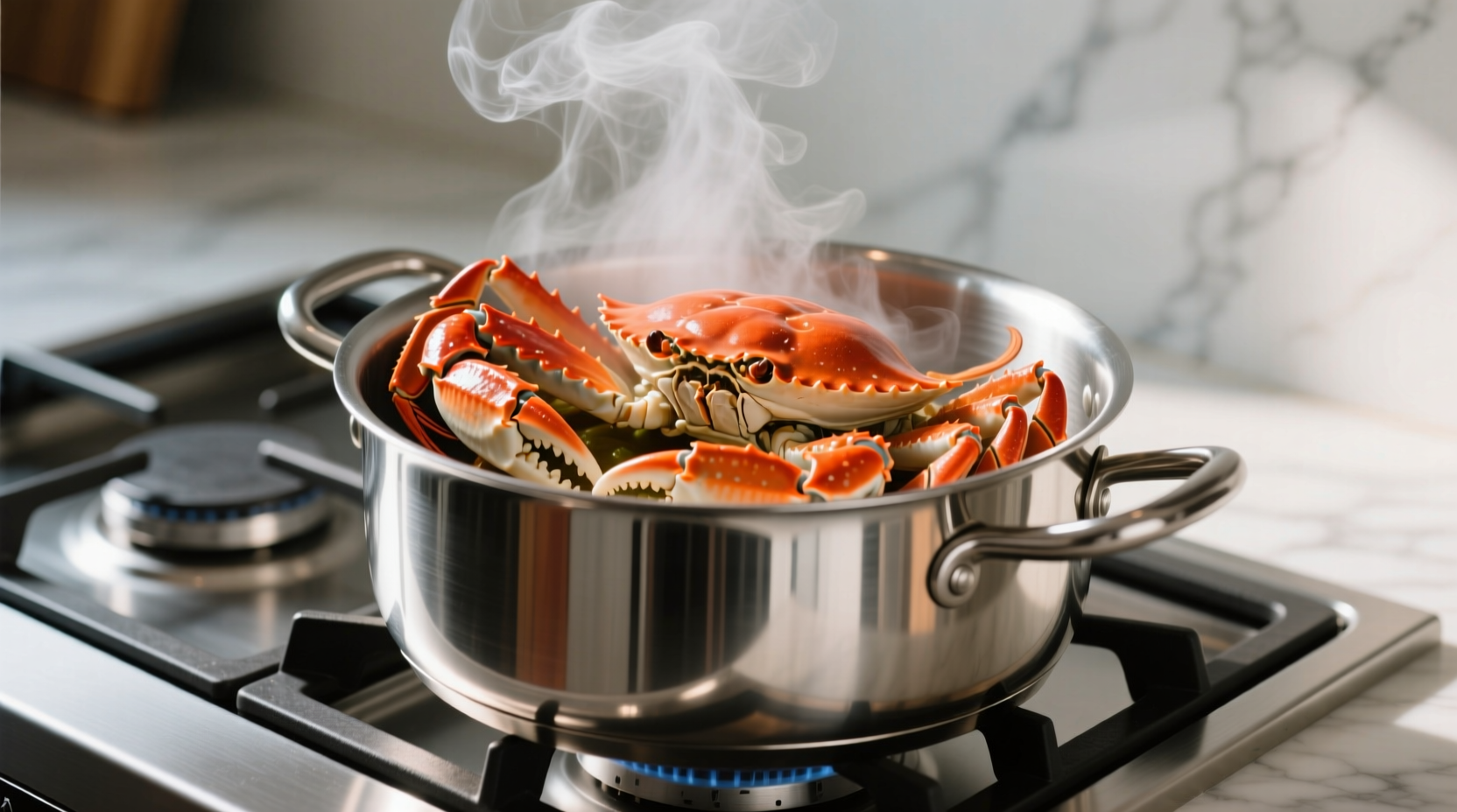 Steaming cooked crab legs in stainless steel pot