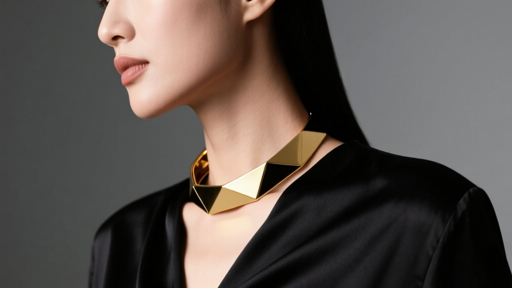 Close up of a woman wearing a polished 18k gold vermeil rigid necklace cuff over a black silk blouse, studio lighting