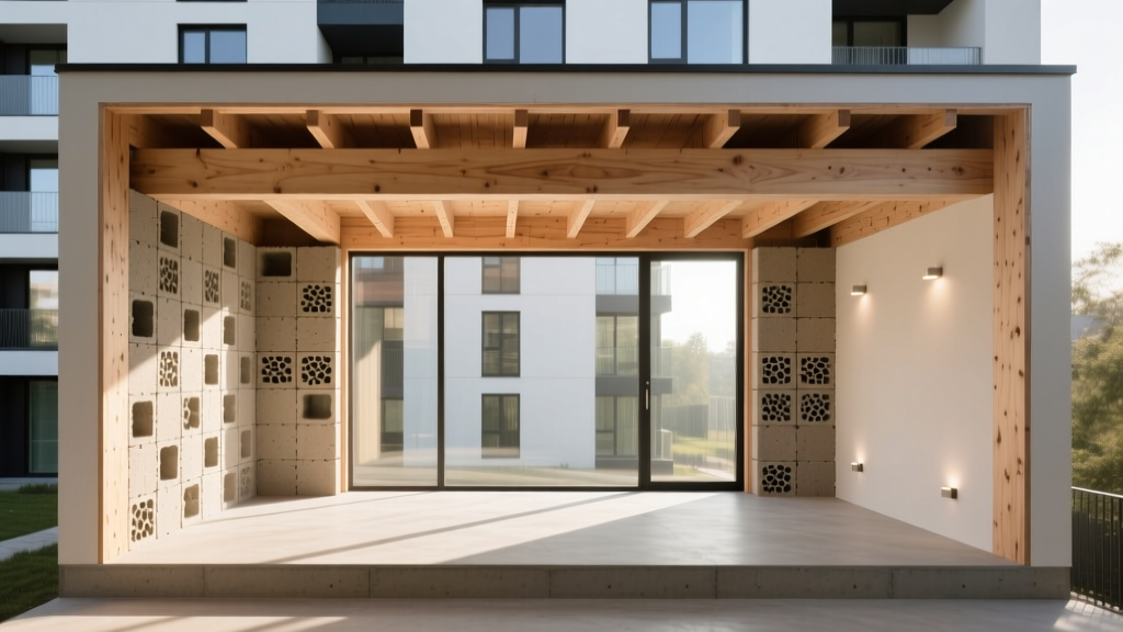 Architectural cross-section of a modern mid-rise building exposing cross-laminated timber beams and hempcrete wall blocks under natural light