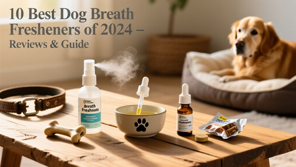Side-by-side comparison of three dog breath freshener formats: spray bottle, water additive dropper, and chewable tablet
