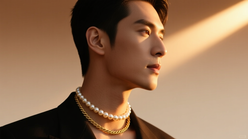 Side profile of a man wearing a layered 8mm freshwater pearl choker and thin 18k gold rope chain, illuminated by warm sunset light