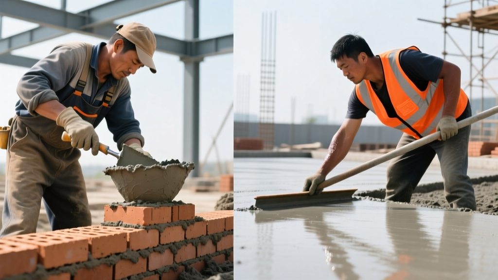 Side-by-side construction scene showing a mason troweling cement mortar on bricks next to a worker smoothing a poured concrete foundation slab