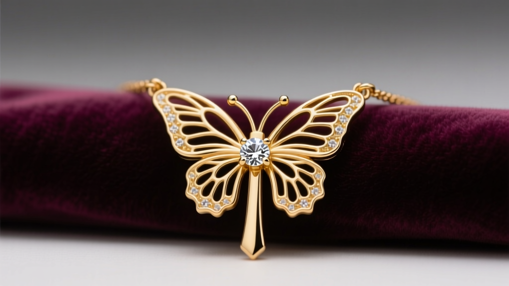 Gold vermeil butterfly cross necklace on velvet, showing intricate wing details and diamond-cut center under soft lighting.