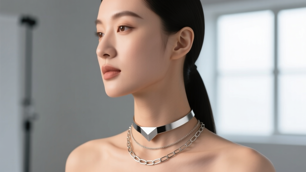 Profile shot of a woman wearing a 14-inch choker, 16-inch pendant, and 18-inch paperclip chain, showing perfect vertical spacing