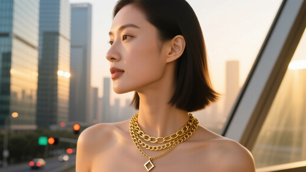 Woman wearing a layered solid 14k gold chain and minimalist pendant necklace, side profile against a blurred urban background.