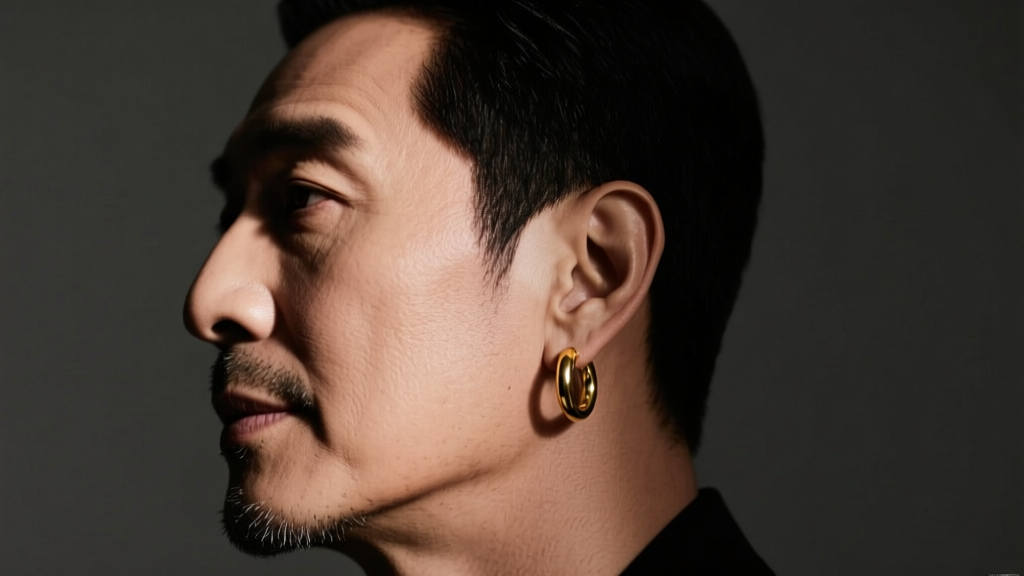 Side profile of a man with a square jaw wearing a 15mm gold huggie hoop earring, illuminated by dramatic, moody studio lighting.