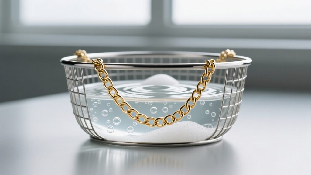 A stainless steel mesh ultrasonic cleaning basket holding a delicate 14k white gold cable chain submerged in gentle soap solution