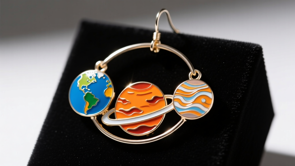 Close-up of an oversized enamel solar system dangle earring resting on a dark velvet block under bright, focused studio lighting.