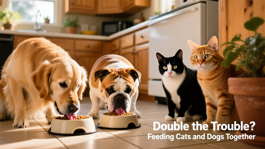 Two dogs eating from dog food bowls while two curious cats observe from nearby