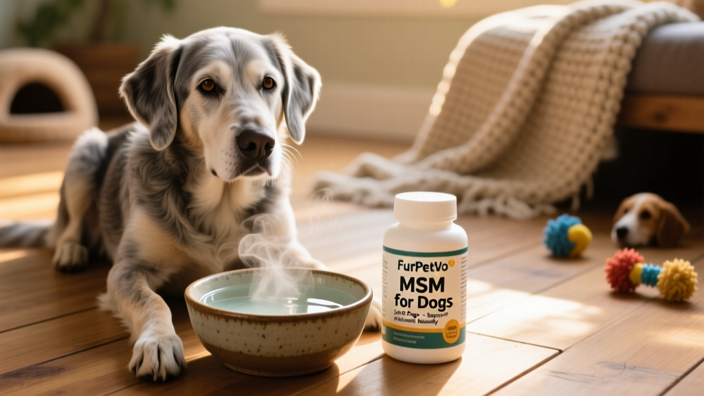 A calm, senior dog sitting beside a bowl of fresh water and a labeled FurPetVo joint supplement bottle, suggesting thoughtful daily care