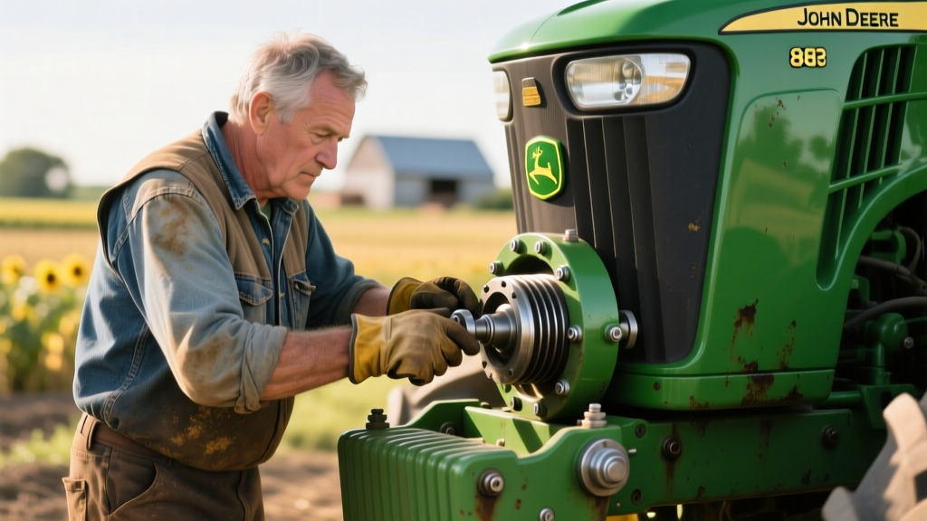 Close-up of a mechanic checking the PTO shield and hydraulic hitch connections on a green John Deere 8R tractor before field operations
