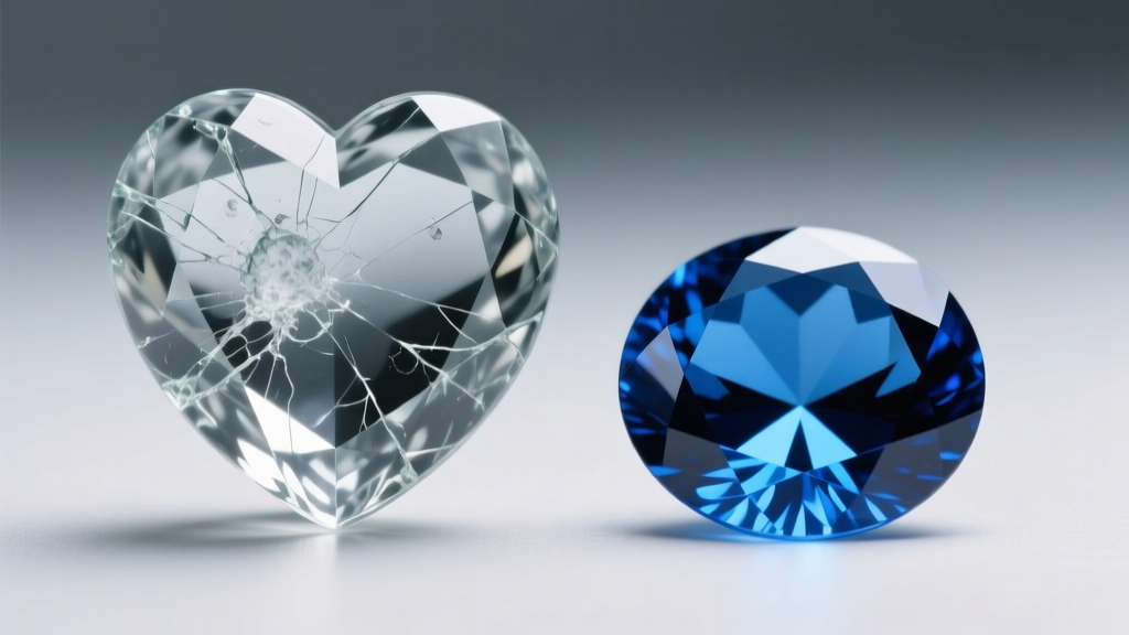 Macro shot comparing a cloudy, scratched glass heart gemstone next to a brilliant, flawless lab-created blue sapphire stone.