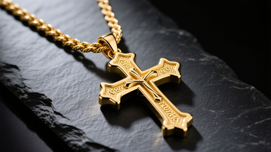 Polished 14k yellow gold mens cross necklace with a thick rope chain resting on a dark slate surface under bright studio lighting