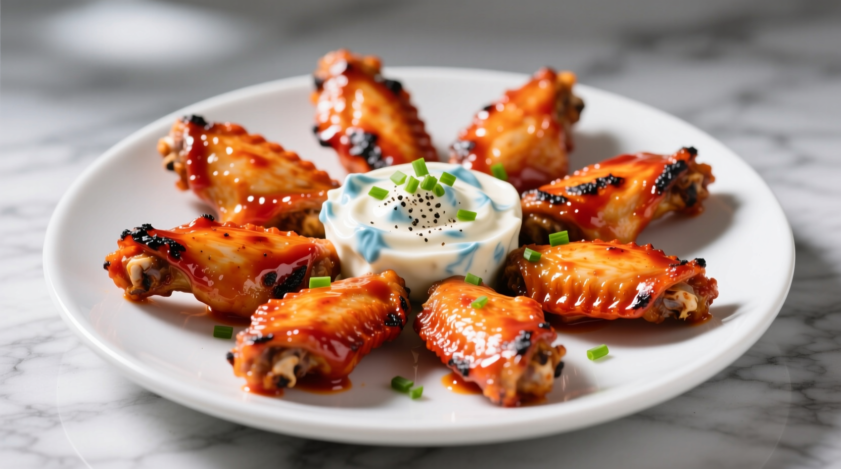 Crispy golden buffalo wings on white plate with blue cheese dip