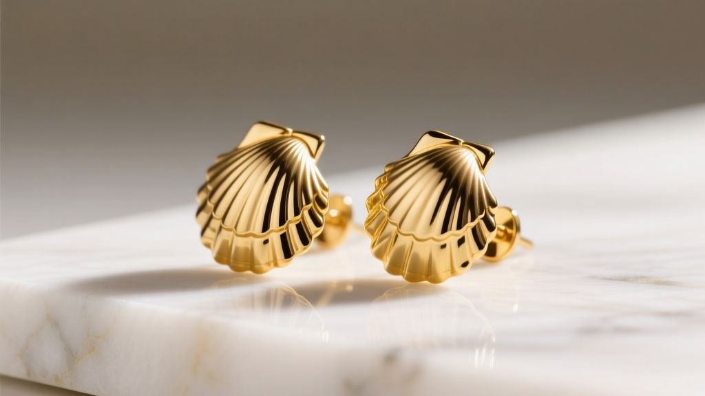 14k yellow gold shell earrings on marble, highlighting delicate scalloped edges and warm metallic luster under soft studio light.