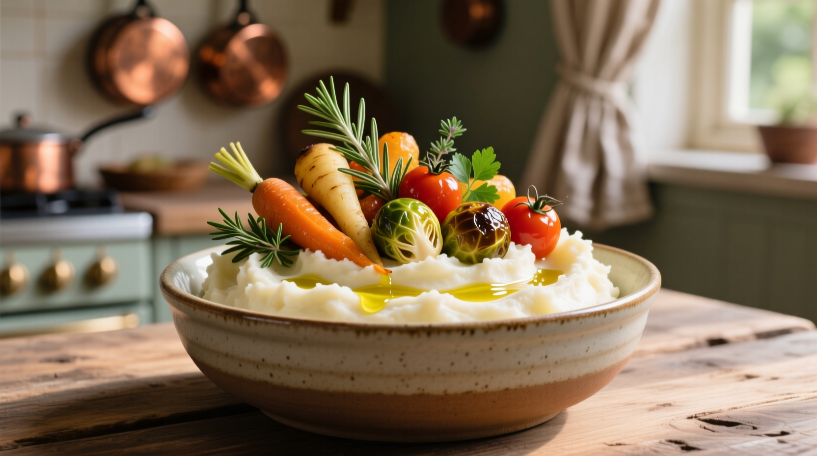 Creamy mashed potato bowl with roasted vegetables and herbs