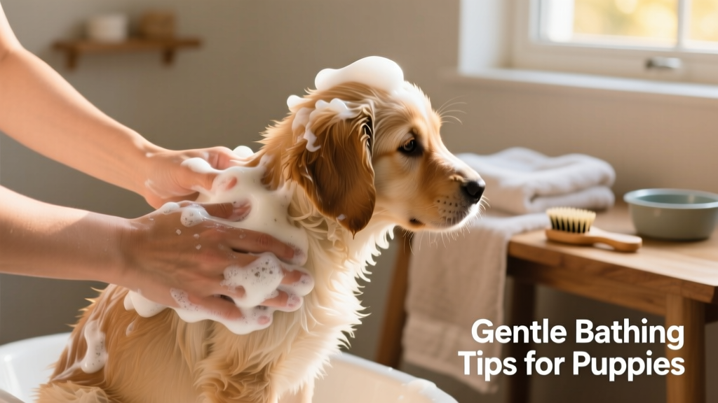 Close-up of hands lathering a puppy’s coat with a gentle, creamy shampoo, avoiding the face and eyes